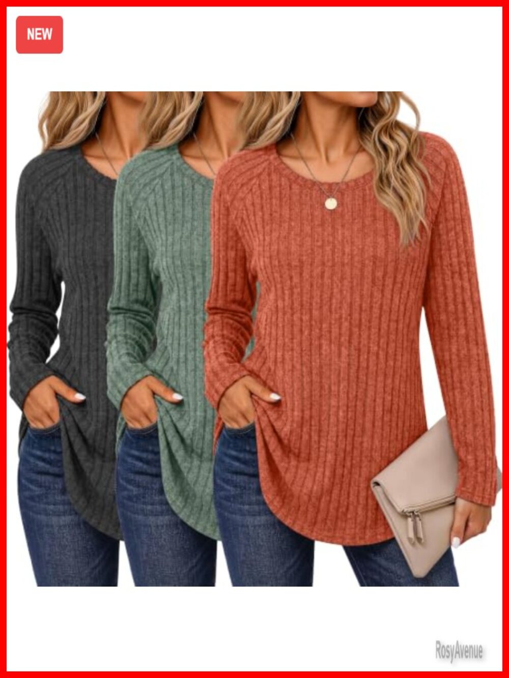 3 Pack Women's Long Sleeve Tunic Sweaters Crew Neck Curved Hem
